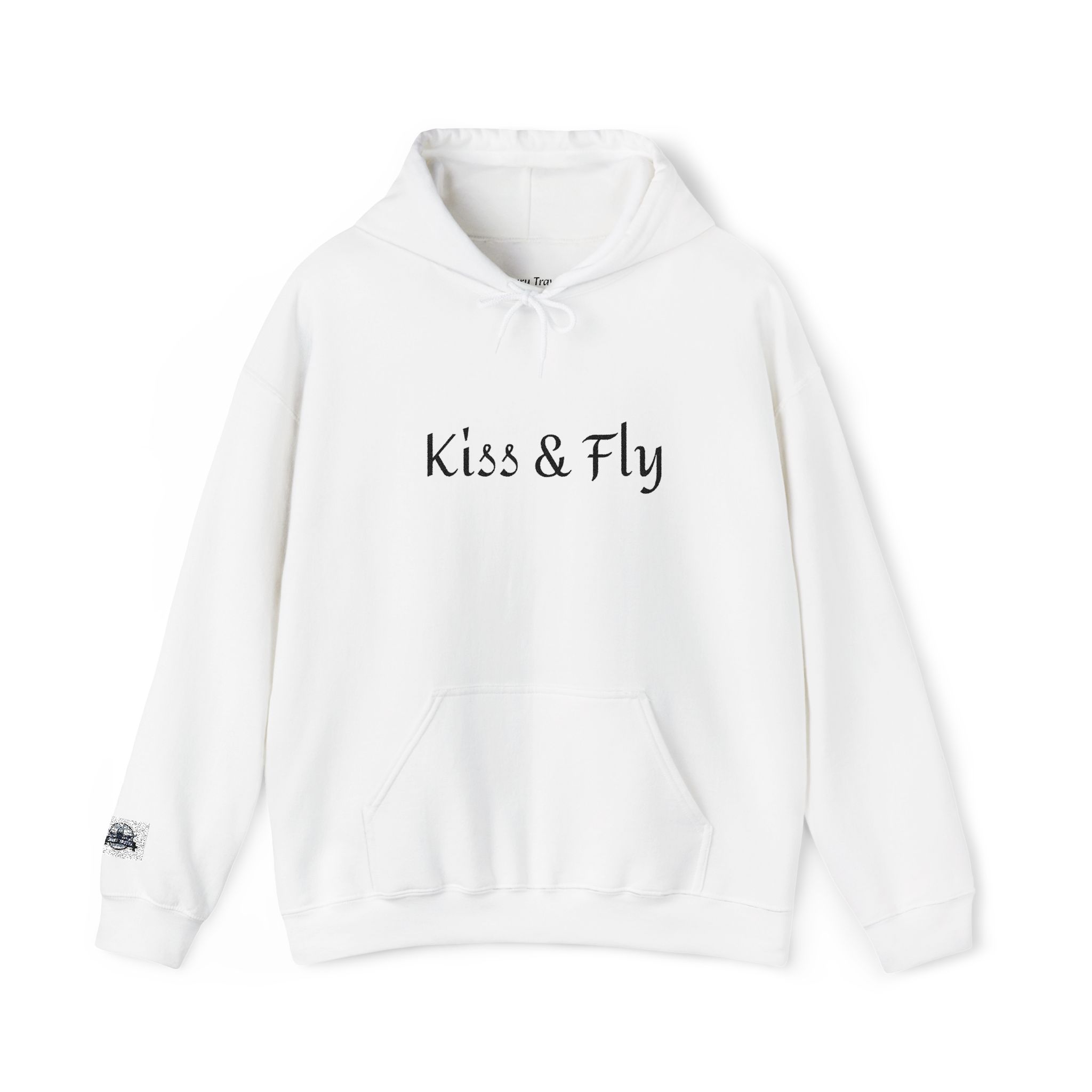 Kiss & Fly Hoodie — Minimal Script Pullover for Travel & Everyday Wear